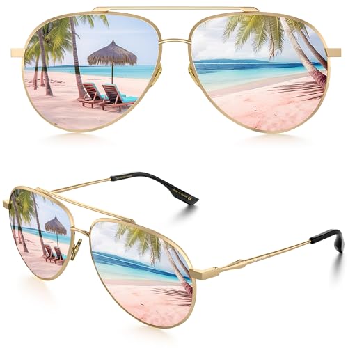 LUENX Aviator Sunglasses for Women Men Polarized - UV 400 Protection Purple Mirrored Lens Metal Frame with Accessories