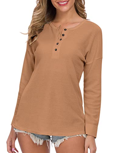 WNEEDU Women's Waffle Knit Tunic Tops Loose Long Sleeve Button Up V Neck Henley Shirts,Rose Red S