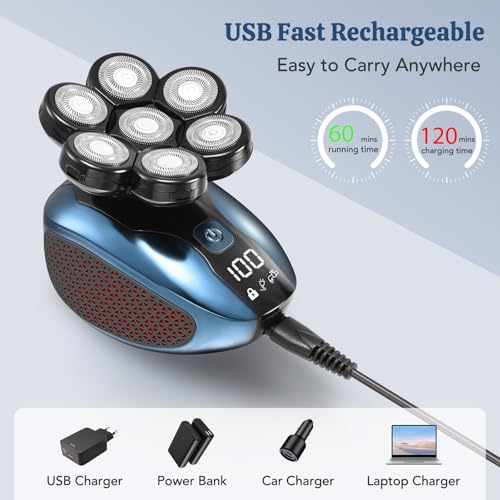 Paubea Head Shavers for Bald Men, 6 in 1 Detachable 7D Head Shaver, Electric Razor with Hair Sideburns Trimmer, Waterproof Wet&Dry, Cordless Mens Grooming Kit, Rechargeable Electric Shavers - Blue