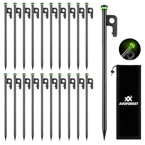 AVOFOREST 12Inch Heavy Duty Tent Stakes,20 PCS Tent Pegs Metal+Fluorescent Silicone Rings+ Storage Bag for Camping (20pcs)