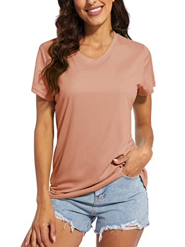 MAGCOMSEN Running Shirts for Women Dry Fit Short Sleeve T Shirts Women Rash Guard Quick Dry Hiking Shirts Fishing Shirts Rose M