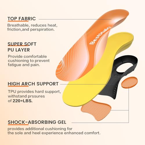 BestHalo Plantar Fasciitis Insoles - High Arch Support Inserts, Gel Cushion, Relief for Flat Feet - 220+ lbs Orthotics Insoles Ideal for Work Boots (Orange, Men 7-8.5 | Women 8-9.5)