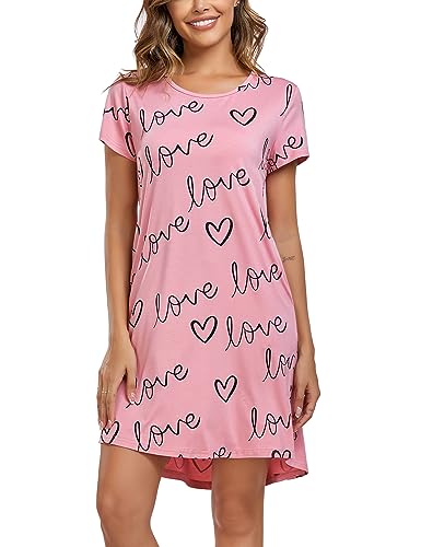 EISHOPEER Night Shirts for Women Short Sleeve Sleep Shirt Cute Print Sleepwear Soft Nightgown with Pockets Pink S