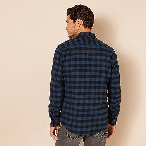 Amazon Essentials Men's Slim-Fit Long-Sleeve Button Down Plaid Flannel Shirt, Navy Red Plaid, Small