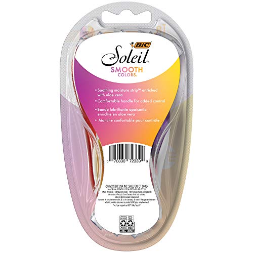 BIC Soleil SMOOTH COLORS Disposable Razors for Women Sensitive Skin Razor With Aloe Vera and Vitamin E Lubricating Strip and 3 Blades, 8 Piece Razor Set