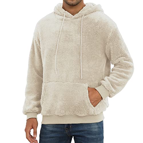 PEGENO Mens Fashion Fuzzy Pullover Hoodies Long Sleeve Casual Fleece Pullover Hoodies Sweatshirts(Brown Small)