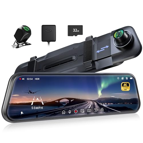Pelsee P10 Pro 10" 4K Mirror Dash Cam, Rear View Mirror Camera Smart Driving Assistant w/ADAS and BSD, Night Vision Dash Cameras Front and Rear, Voice Control, Parking Monitoring, 32GB Memory Card
