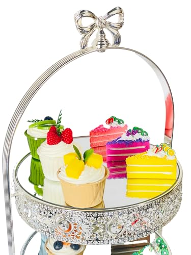 Quegroot Silver 2 Tier Crystal & Metal Cake Stand, Round, 20 x 11 x 10 inches, 6.5 lbs Capacity, Dessert Tray for Party, Baby Shower, Wedding Decor