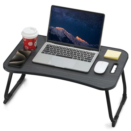 ZEAPTAC Laptop Bed Desk, Foldable Lap Table, Portable Study Table, Laptop Stand with Cup Holder & Tablet Slot & Lifting Handle for Working Writing Drawing & Eating - Black