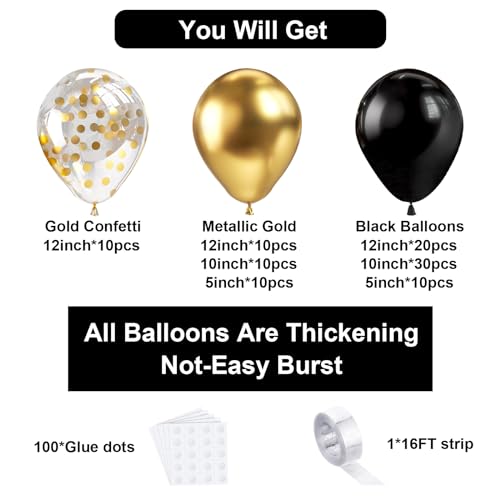 Bezente Black Gold Balloons Garland Kit, 100Pcs Black Gold Metallic Chrome and Gold Confetti Balloons Arch with Balloon Tape for Wedding, Birthday,Graduation,New Years,Special Events Party Decoration