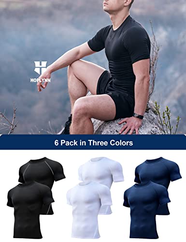 HOPLYNN 5 Pack Compression Shirts Men Short Sleeve Rash Guard Base Layer Athletic Undershirt Gear T-Shirt for Sports Workout 2 Black 2 White 1 Blue X-Large