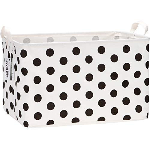 Sea Team Collapsible Canvas Fabric Storage Basket with Handles, Rectangle Waterproof Storage Bin, Box, Cube, Foldable Shelf Basket, Closet Organizer, 16.5 x 11.8 x 9.8 Inches, Yellow Stripe