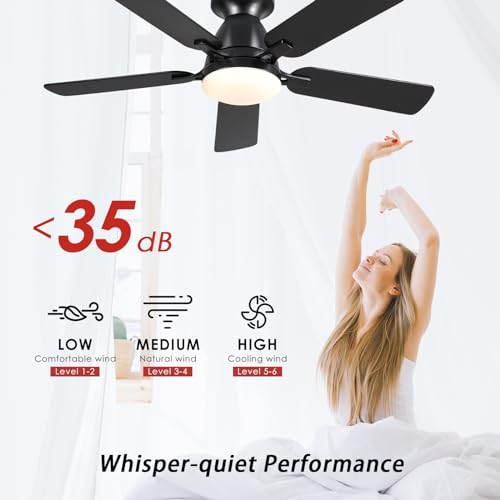 Ceiling Fans with Lights- 46" Low Profile Indoor Ceiling Fan with Light and Remote/APP Control, Flush Mount, LED Dimmable DC Reversible Modern Ceiling Fan for Bedroom(Black)