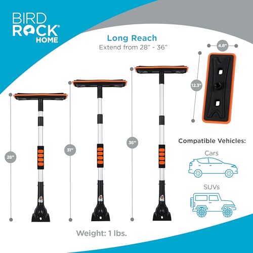 BIRDROCK HOME 36" Extendable Snow Pusher Brush & Detachable Ice Scraper for Cars | Aluminum Grip for Car, Truck, SUV | Safe on Auto Windshield & Windows | Wide Frost Remover for Semi & Small Vehicles