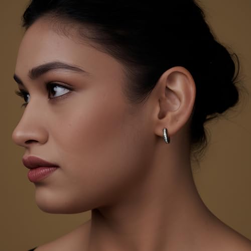 LeCalla 925 Sterling Silver Hoop Earrings | 14K Gold Plated Black Enamel Huggie Hoops | Dual-Tone SMALL Zirconia Earring for Teens 15 MM