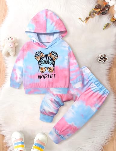 Aulyffo 3t Girl Clothes 4t Girls Outfits Two Piece Tie Dye Toddler Girl Clothes Hooded Pullover Tops + Joggers Sweatpants Fall Winter Sweatsuit Sets Black