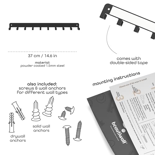 Beautiwall - Sturdy Steel Wall Key Holder XL - 10 Hooks. Metal and Wooden Key Hanger with Hooks for Car, Apartment, Storage, Keys
