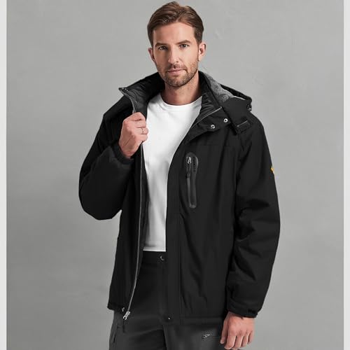 Kugnala Men's Winter Skiing Jacket Waterproof Warm Snow Fleece Lining Coat Mountain Windbreaker Hooded Windproof Rain Jacket Black S
