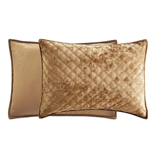 Fredsure Distressed Velvet Quilt Set, 3 Pieces Camamel Gold Queen, Distressed Velvet Face and Brushed Microfiber Reverse with Geometry Embroidery Quilting
