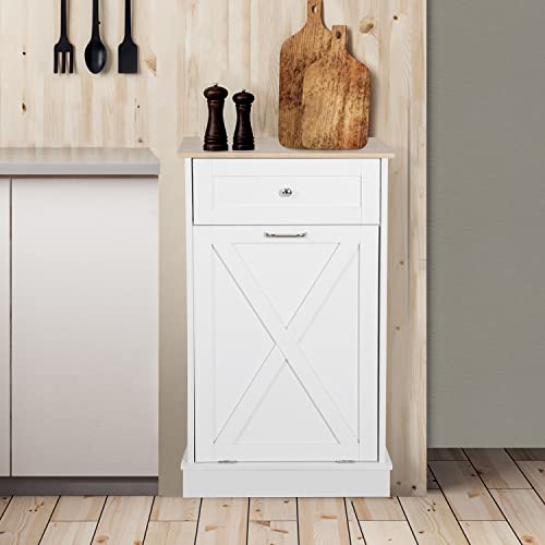 Puluomis Tilt Out Trash Cabinet-Free Standing Kitchen Waste Bin-Wooden Recycling Trash Cabinet with Drawer-Grey