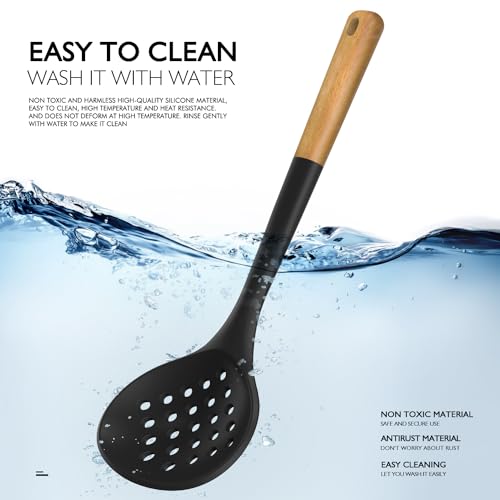 Large Silicone Cooking Utensils Set - Heat Resistant Silicone Kitchen Utensils for Cooking w Wooden Handles, Spatula Set, Kitchen Utensil Gadgets Sets for Non-Stick Cookware, BPA Free (Black)