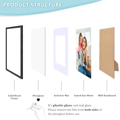 ATOBART 11x14 Picture Frame, OAK Wood Photo Frame 8x10 with Mat or 5x7 with 2 Mat with Perspex Glass for Vertical or Horizontal Tabletop Wall Display for Photo, Painting, Poster, Set of 2