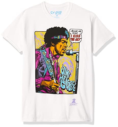 Liquid Blue unisex adult Jimi Hendrix Pop Art 'Scuse Me While Kiss the Sky T-shirt T Shirt, White, Small US