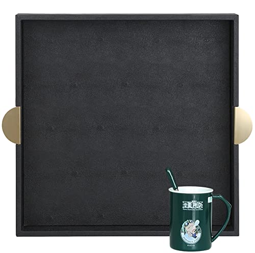 HofferRuffer Faux Leather Decorative Serving Tray, Elegant Coffee Table Tray, Ottoman Tray, Breakfast, Drinks, Liquor Serving Platter, Black Shagreen Finish with Gold Hardware Handle (Square)