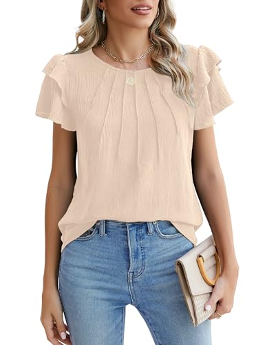 BMJL Women Dressy Casual Blouses Business Tops Short Sleeve Shirts Crew Neck 2024 Summer Outfits(Medium,White)