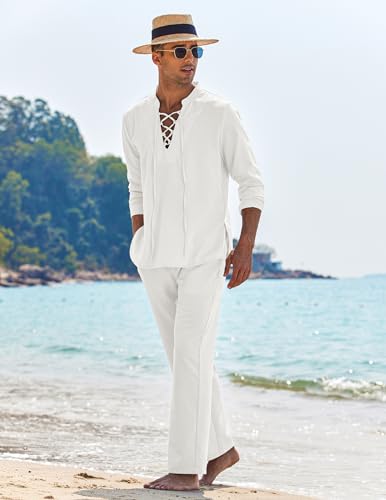 COOFANDY Men's 2 Piece Linen Set Long Sleeve Henley Shirts Casual Beach Pants With Pockets Summer Yoga Outfits