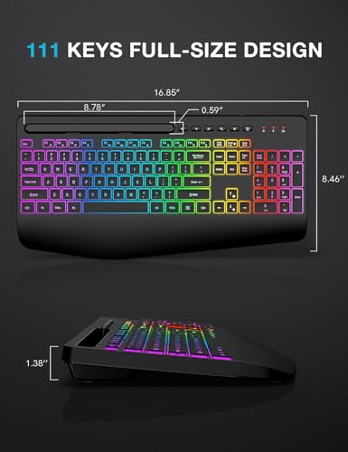 SABLUTE Wireless Keyboard with 9 Backlit Effects, Wrist Rest, Phone Holder, 2.4G Lag-Free Ergonomic Keyboards, Rechargeable Silent Cordless, for Computer, Laptop, Windows, Work, School (Keyboard Only)