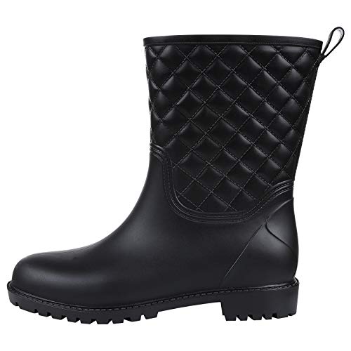 Women's Mid Calf Black Rain Boots Waterproof Lightweight Garden Shoes, 6 Size