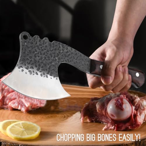 ROCOCO Meat Bone Cleaver Knife for Meat Cutting Handmade Heavy Duty Butcher Axes Hand Forged Full Tang Chopper for Kitchen Outdoor BBQ Mother Father Gifts Idea Men Black