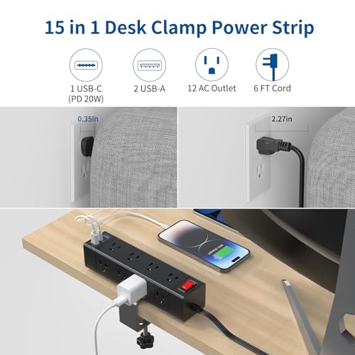 Fast Charging PD 20W USB C Desk Clamp Power Strip,Fararaka Surge Protector Power Strip with 3USB Ports/12 AC,6FT Extension Cord with Multiple Outlets Removable Mountable Fits 1.8" Tabletop Edge