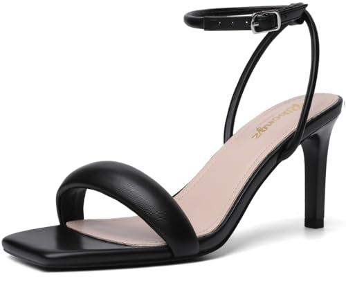 RIBONGZ Womens Sandals Dressy Fashion Black Strappy Kitten Heels Square toe Sexy Stiletto High Heels Comfortable Wedding Party Evening Prom Summer Bridal Shoes 6.5