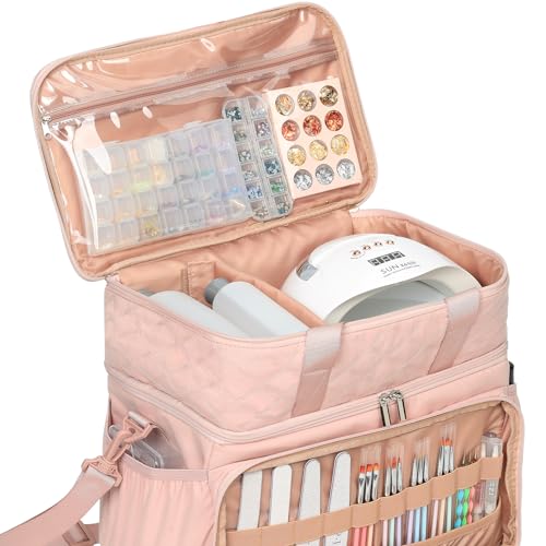 HOMEST Double Layer Nail Polish Organizer Hold 80 Bottles (15ml/0.5 fl. oz) and a Nail Lamp, Nail Polish Case with 2 Removable Pouches, Storage Bag for Manicure Tools, Pink (Bag Only)