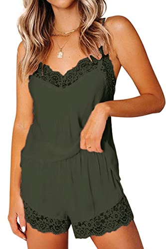 CHYRII Women's Sexy Silk Satin Cami Sets Lace Trim Two Piece Short Pajamas Sets Sleepwear Neon Mint S