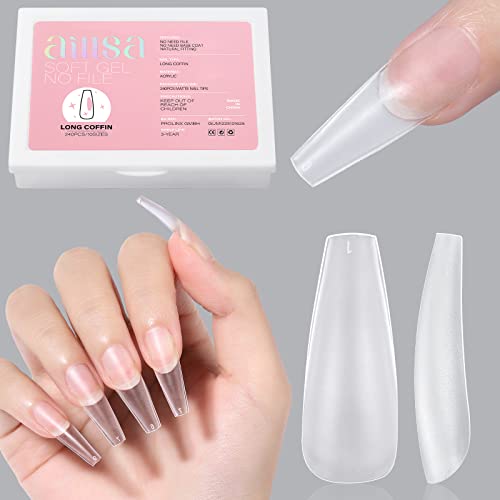 AILLSA Extra Short Coffin Nail Tips 450pcs Soft Gel Full Cover Nail Tips Matte Pre-filed Press on Fake Nail Tips 15 Sizes Pre-Shaped False Gelly Nail Tips