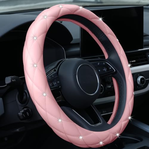 YOGURTCK Cute Diamond Soft Light Pink Leather Anti-Slip Steering Wheel Cover with Bling Bling Crystal Rhinestones, Universal 15 Inch for Women Girls, Fit Vehicles, Sedans, SUVs, Vans, Trucks