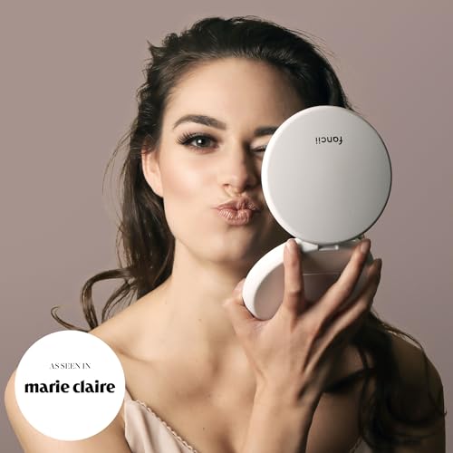 Fancii LED Lighted Travel Makeup Mirror, 1x/10x Magnification - Daylight LED, Compact, Portable, Large 5" Wide Illuminated Folding Mirror (Lumi) Silk White