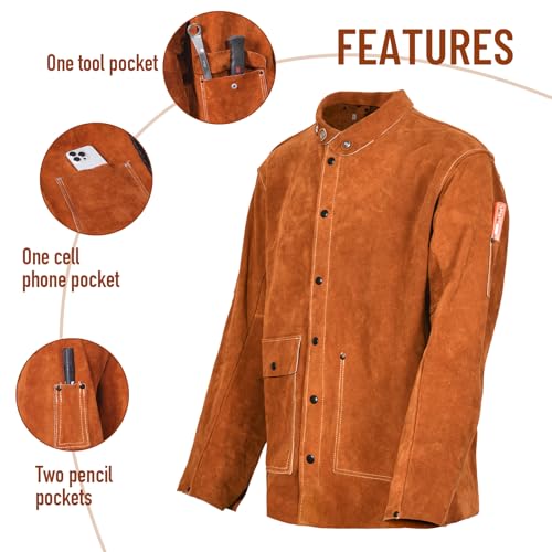 QeeLink Leather Welding Jacket - Flame-Resistant Heavy Duty Work Welder Jackets - Split Cowhide Welding Coat for Men Women (Small)