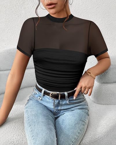 Kentysill Sexy Mesh Bodysuits for Women: Mock TurtleNeck Short Sleeve Ruched Body suit Summer Trendy Going Out Tops White S