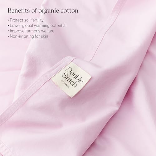Double Stitch 100% Organic Cotton Sheet Set Queen - 300 TC Luxury Hotel Sateen Weave, GOTS Certified Long Staple Cotton, Made in India, 1 Fitted Sheet, 1 Flat Sheet, 2 Pillowcases, Blush Pink