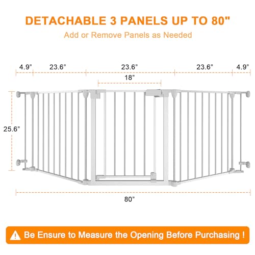 25.6" Tall Baby Gate,80" Extra Wide Baby Gate Easy to Pass,Auto Close Dog Gate with Door Walk Through, Pet for House Stairs Doorways Fireplace, 3 Metal Panels, Hardware Mounted Baby Fence(White)