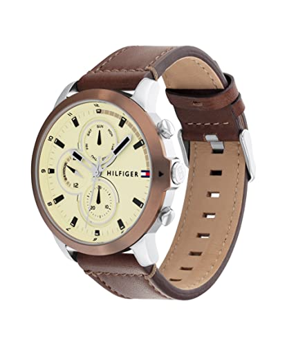 Tommy Hilfiger Men's Multifunction Stainless Steel Case and Leather Strap Watch, Color: Brown (Model: 1792053)