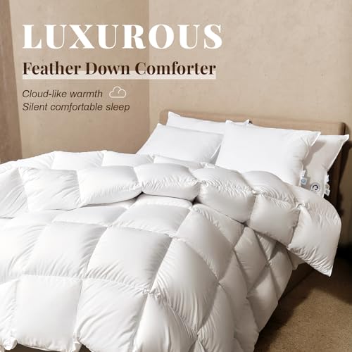 HOMCHANG GOOSE Down Comforter King Size, Winter Heavyweight Feather Down Comforter, Warm Comforter, Noiseless Turning Down Duvet, Winnner of Muse Creative Awards (106"x90", White)