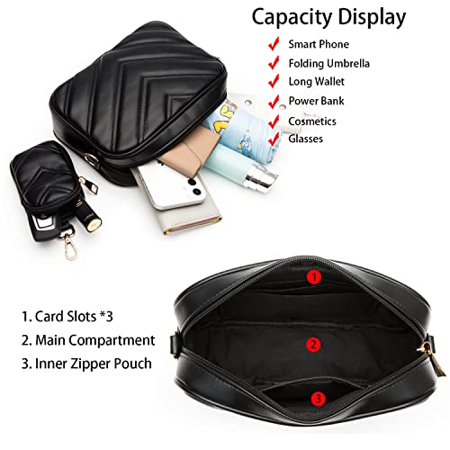 Herald Chevron Quilted Small Crossbody Bag with Coin Purse Pouch, Women Square Camera Side Shoulder 2 Size Handbags (Black)