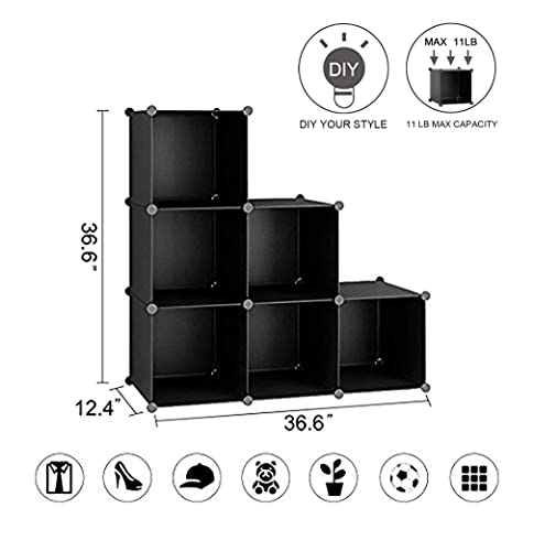 C&AHOME Cube Storage Organizer, 6-Cube Shelves Units, Closet Cabinet, DIY Plastic Modular Book Shelf, Ideal for Bedroom, Living Room, Office, 36.6" L x 12.4" W x 36.6" H Black SHS3506A