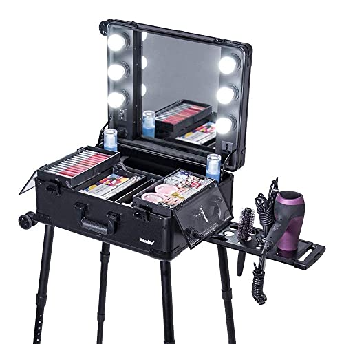 Kemier Makeup Case,Professional Artist Studio Cosmetic Train Table w/4 Rolling Wheels & Lights & Mirror,Pro Makeup Station,Cover Board and Easy Clean Extendable Trays,Adjustable Legs,Sturdy (Black)