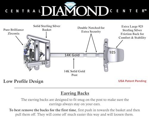 Central Diamond Center 14K Gold Post & Sterling Silver Zirconia 3 Prong Martini Stud Earrings - Platinum Plated 5.25mm 1.00cttw